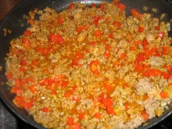 Rezept: Kräuterpfannkucheröllchen gefüllt mit einer pikanten Hack-Paprikafüllung Bild Nr. 5 Kräuterpfannkucheröllchen gefüllt mit einer pikanten Hack-Paprikafüllung - Rezept - Bild Nr. 5