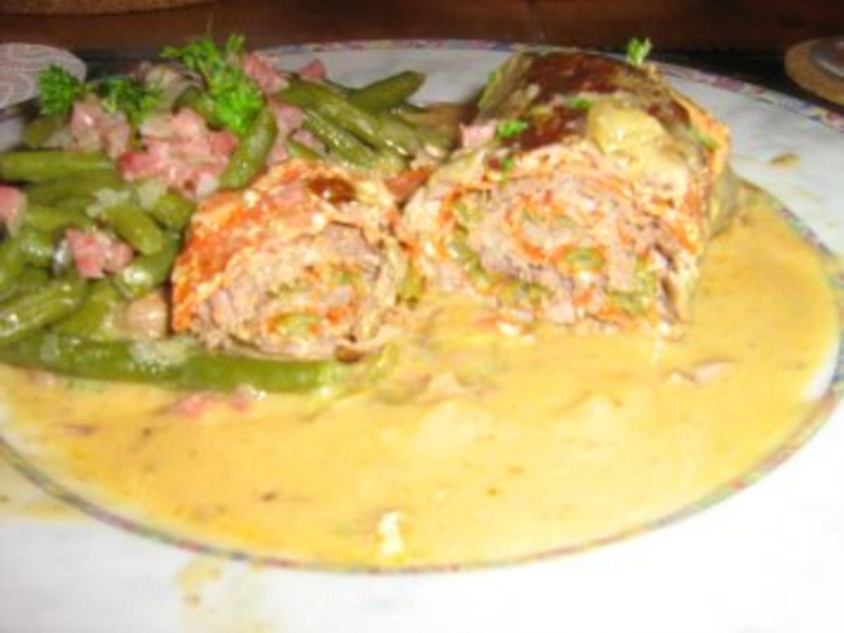 Rouladen mit Kräuterfrischkäse und Chorizo gefüllt und Prinzessbohnen ...