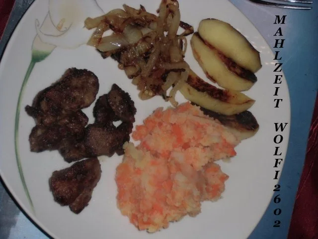 Huhn : Hühnerleber mit Apfel, Zwiebel und Karottenpüre - Rezept - Bild Nr. 10