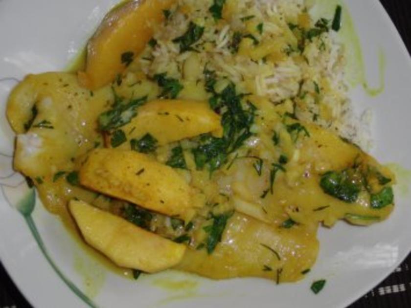 Fisch : Pangasius in Currysoße und Apfel mit viel Kräuter, serviert mit ...