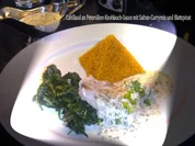 MIKROWELLENDAMPFMENU - Cabillaud an Kraeuter-Sauce mit Safran-Curryreis und Blattspinat - Rezept