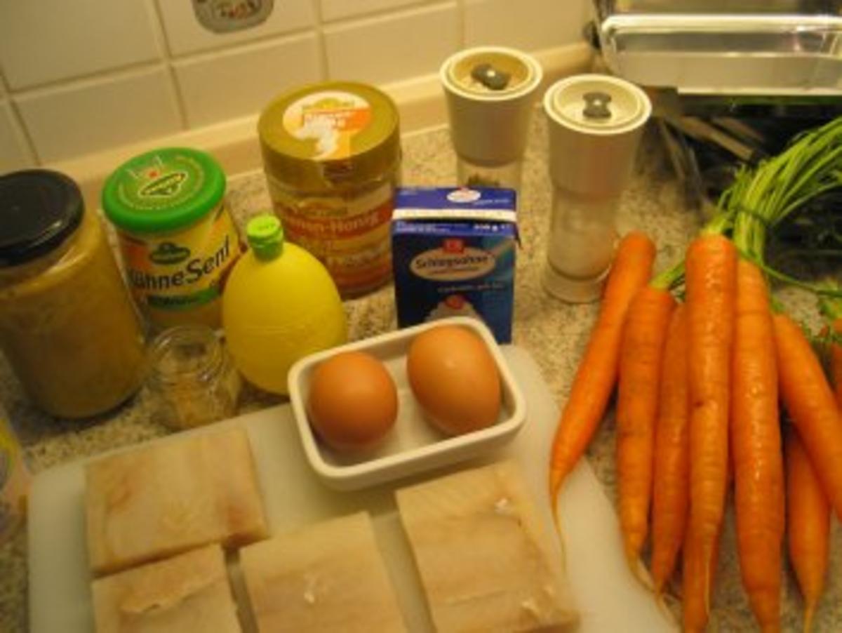 Fisch + Meeresfrüchte:  Seelachs gebraten, auf karamellisieren Karotten - Rezept