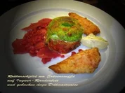 Rotbarsch-Filet um Erbsen-Soufflé auf Ingwer-Randenbett und gebacken dazu Dillmayo - Rezept