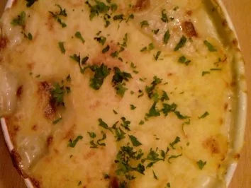 Fisch: Edler Fischauflauf  mit überbackenem Trüffelpüree - Rezept