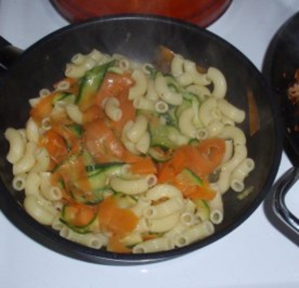 Gemüse-Nudeln mit gebratenen Filetstreifen und Champignons - Rezept - Bild Nr. 7