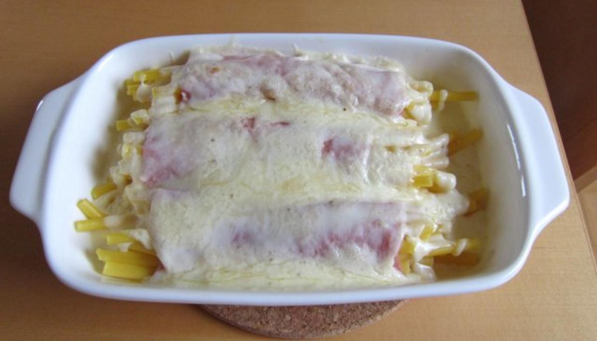 Makkaroni-Schinken-Röllchen mit Käsesauce - Rezept
