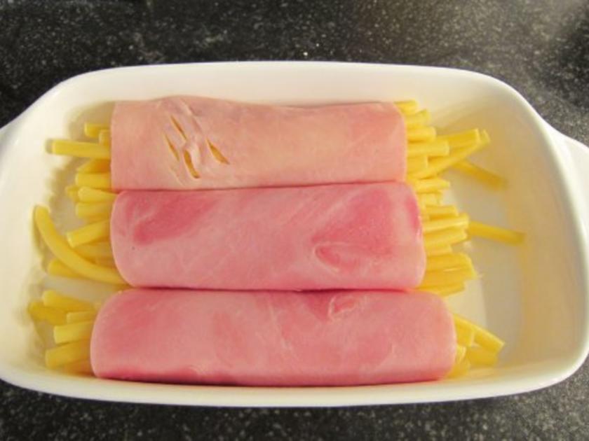 Makkaroni Schinken Röllchen mit Käsesauce - einfach - 329 kcal/100g