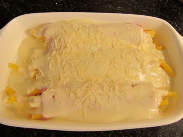 Makkaroni Schinken Röllchen mit Käsesauce - einfach - 329 kcal/100g