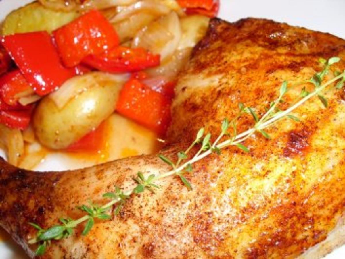 Fleisch: Hähnchenschenkel auf Paprika-Kartoffel-Gemüse - Rezept - Bild Nr. 7