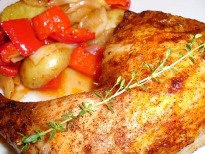 Fleisch: Hähnchenschenkel auf Paprika-Kartoffel-Gemüse - Rezept ...