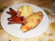 Grillwurst ~ Knoblauch-Kartoffelbrei ~ Aubergine überbacken - Rezept