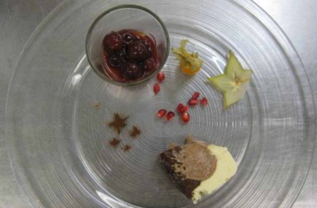 Dreifarbige Schoggi-Terrine mit Amaretto-Schattenmorellen - Rezept