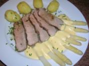 Kalbsrücken, sanft gegart mit Spargel und Sauce Hollandaise - Rezept