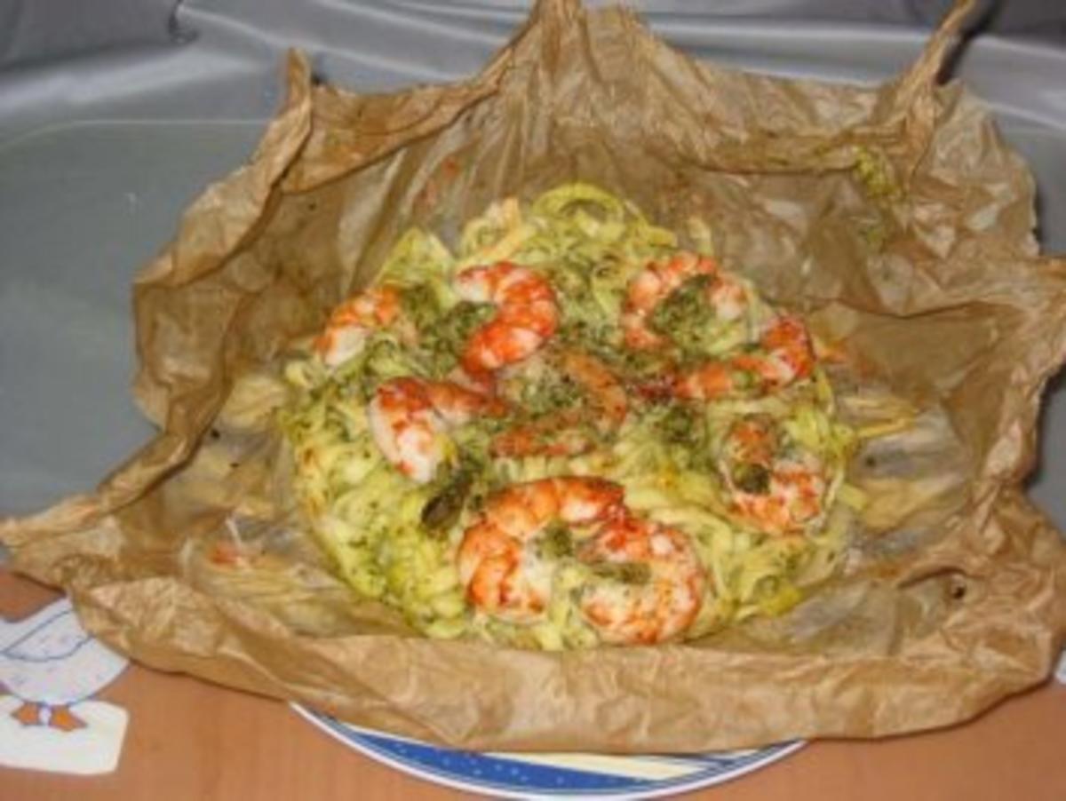 Nudelpäckchen mit Gambas - Rezept