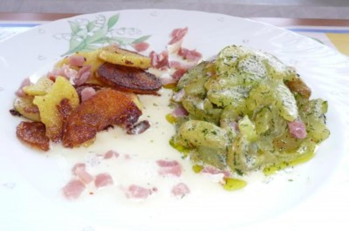 Bilder für Gemüse: Dillgurken mit Zitronenschaumsoße, knusprigen Bratkartoffeln und Schinkenwürfel - Rezept