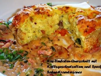 Traudl's Kas-Timbale à la Marcos zu Kalbsgeschnetzeltem mit Speck und Kraeutersahnesauce - Rezept - Bild Nr. 12