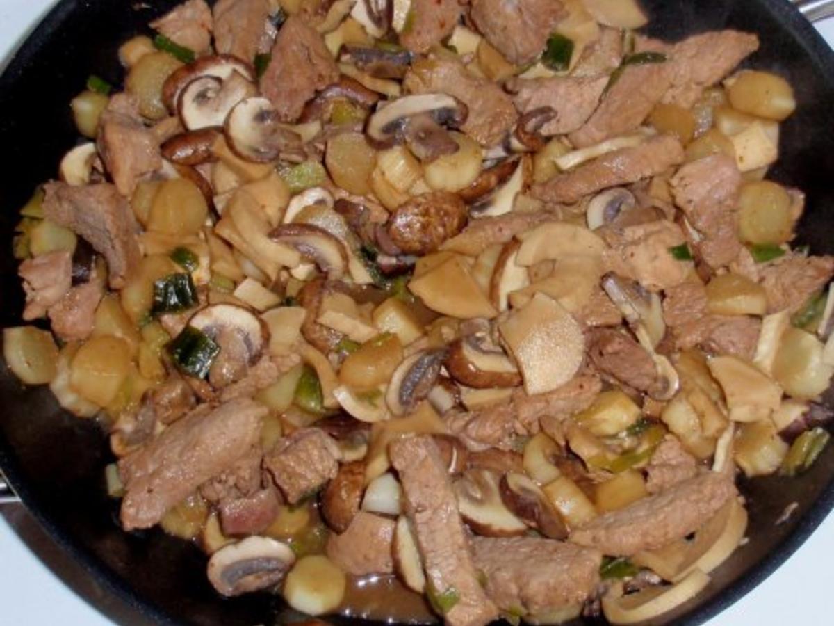 Filet Pilz Spargel Pfanne mit bunten Nudeln - einfach - 212 kcal/100g