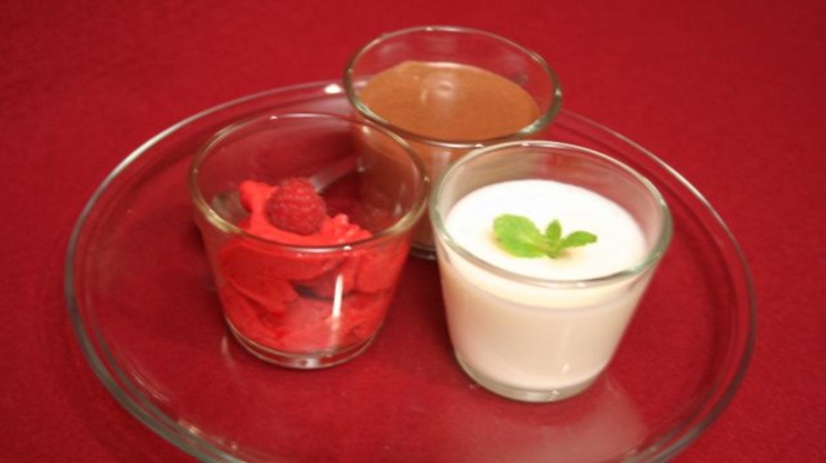 Buttermilchcreme, Mousse au chocolat und Himbeersorbet - Rezept