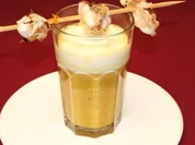 Orangen-Linsen-Suppe mit Wasabi-Sahne-Häubchen und Seeteufel-Spieß - Rezept