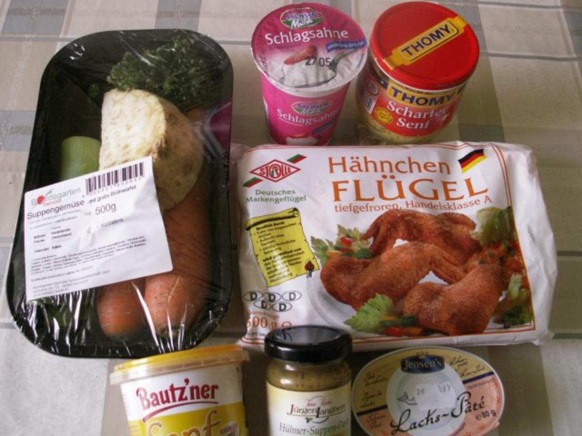 Bilder für Senfsuppe mit Hänchenschenkel o. Suppenhuhn und Wasser - Rezept