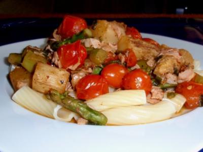 Spargel-Tomaten-Schinken-Pfanne mit Rigatoni - Rezept