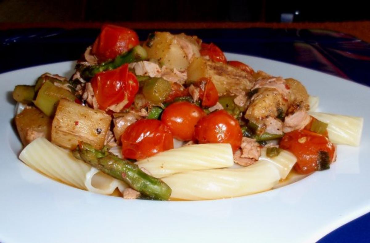 Bilder für Spargel-Tomaten-Schinken-Pfanne mit Rigatoni - Rezept