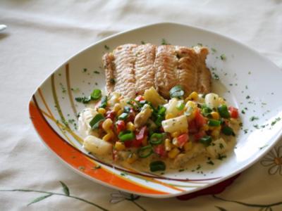 Rezept: Buntes Spargelragout mit Fischfilet Buntes Spargelragout mit Fischfilet - Rezept