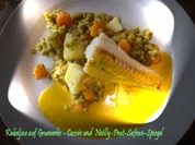 Kabeljau auf Gruenerbs-Cassée und Noilly-Prat-Safran-Spiegel - Rezept