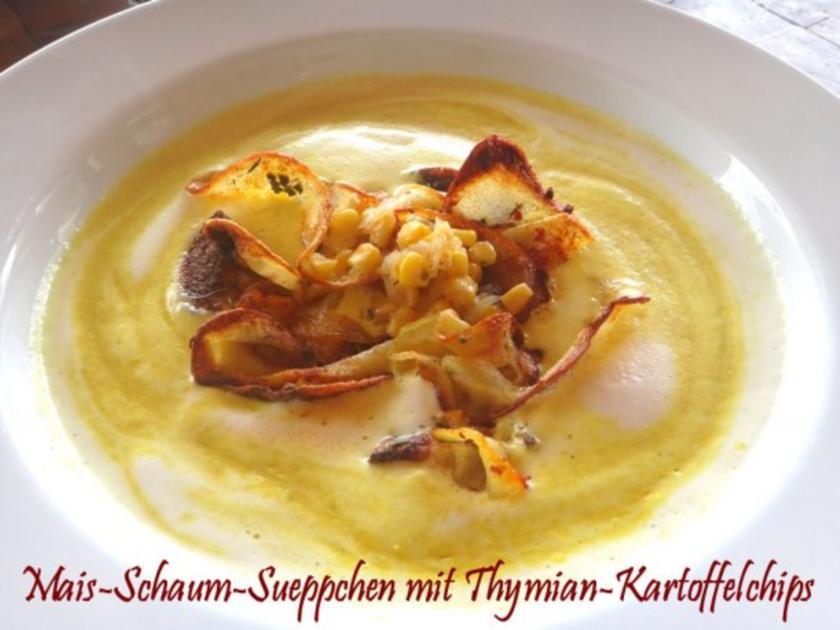 Mais-Schaum-Sueppchen mit Thymian-Kartoffelchips - Rezept - kochbar.de