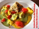 Kabeljau-Wuerfel in Curry unter Kraeuterschaum und Tomatenfilets mit Dreikornreis - Rezept