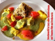 Kabeljau-Wuerfel in Curry unter Kraeuterschaum und Tomatenfilets mit Dreikornreis - Rezept