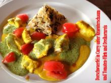 Kabeljau-Wuerfel in Curry unter Kraeuterschaum und Tomatenfilets mit Dreikornreis - Rezept