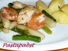 Spargel gebraten mit Garnelen und Jakobsmuscheln - Rezept