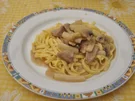 Spargel und Champignons mit Kalbsfiletstreifen auf Tagliatelle - Rezept