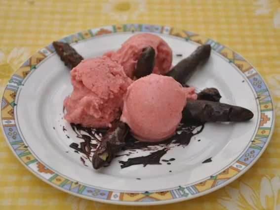 Rezept: Spargelspitzen im Schokomantel auf Erdbeerparfait Spargelspitzen im Schokomantel auf Erdbeerparfait - Rezept