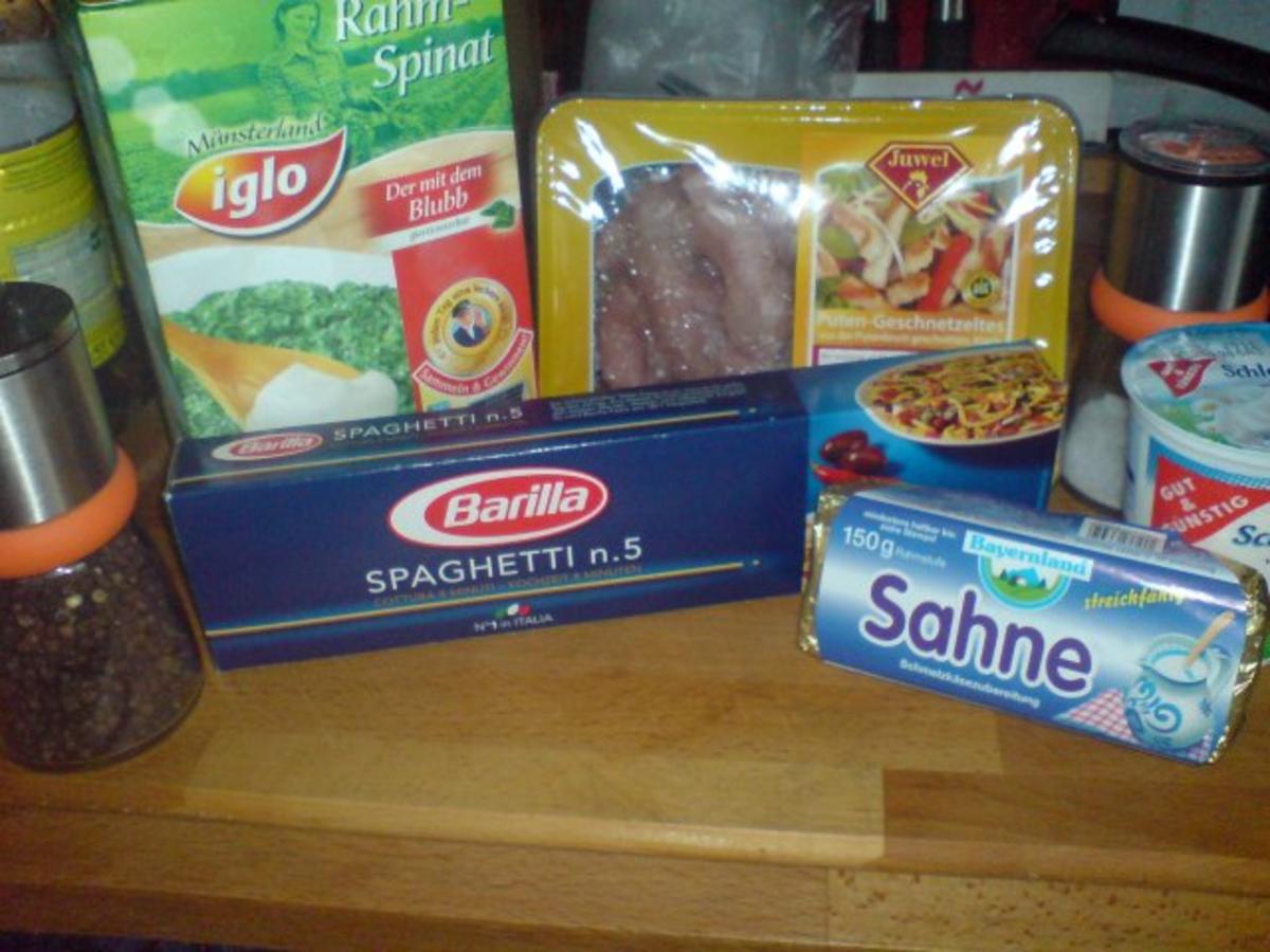Spaghetti mit Putentitten-Spinat-Sahne-Soße - Rezept
