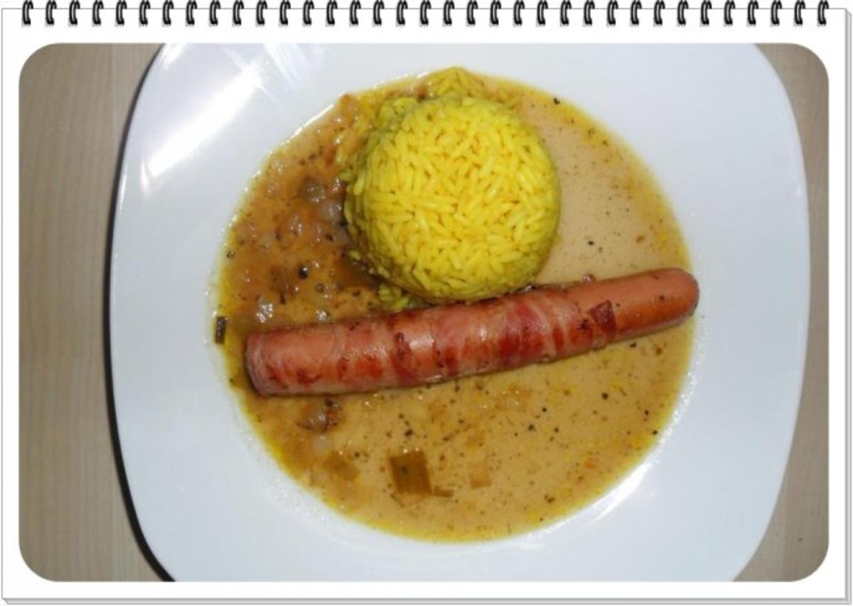 Fleischgerichte:Bernerwürstel mit Curryreis und Zwiebelsoße - Rezept