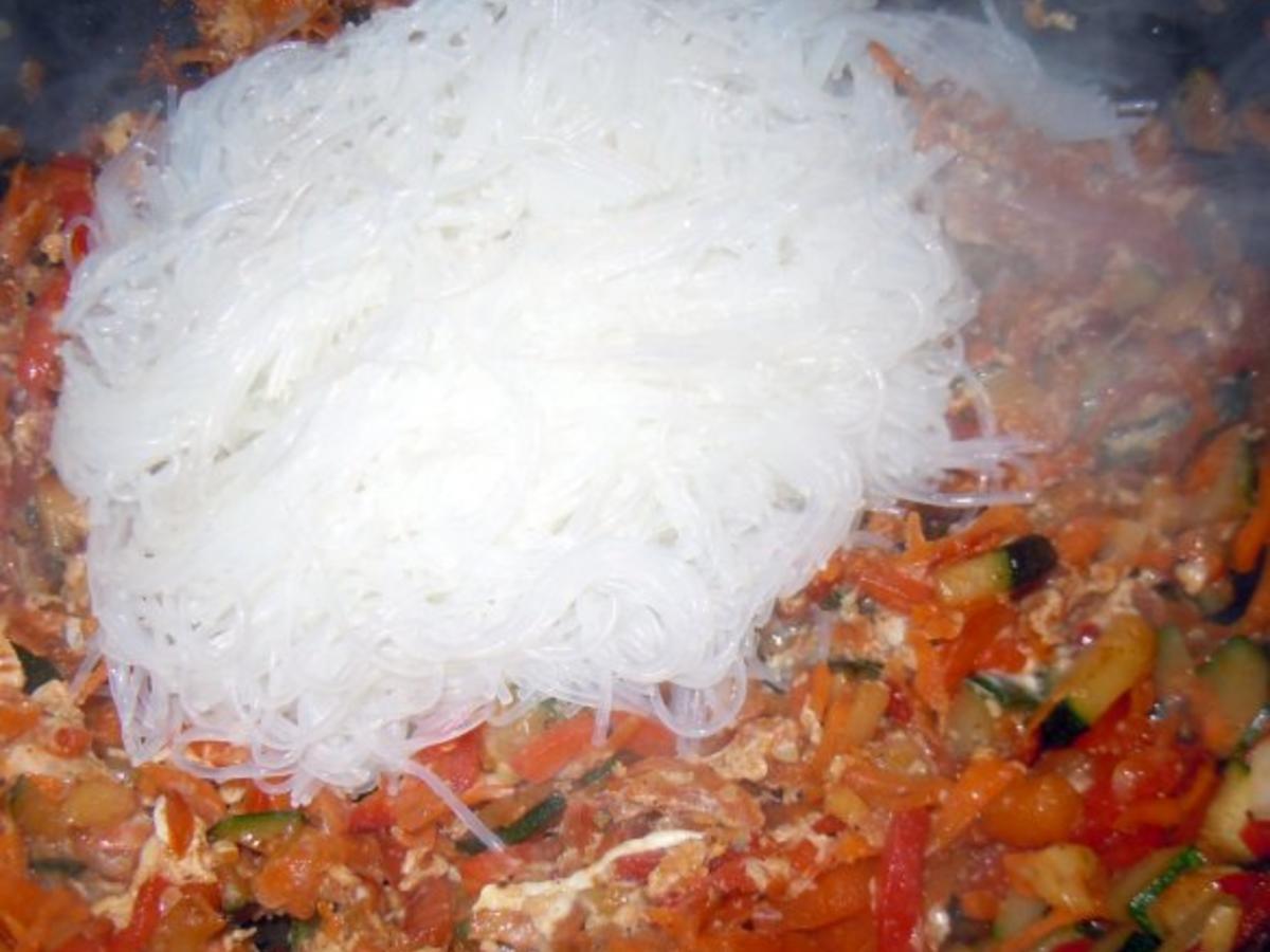 Glasnudel Gemüse Pfanne mit scharfen Crevetten - einfach - 100 kcal/100g