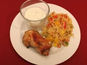 Gegrilltes Hähnchen in Minzsoße an Couscoussalat mit Pinienkernen - Rezept