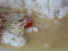 Zander-Tomaten-Gratin an Butter-Zwiebel-Soße und Reis - Rezept