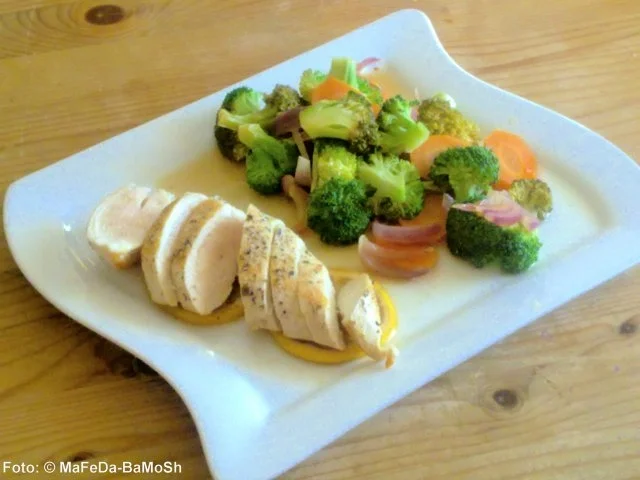 Zitronenhähnchen auf bunter Gemüsepfanne - Rezept