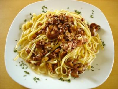Spaghetti mit Pfifferlingen und Schinken - Rezept