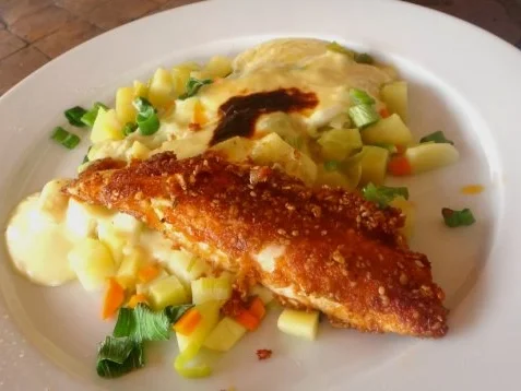 Rezept: Seelachs in Vollkorn-Curry-Kruste auf Lauchkartoffelgratin Bild Nr. 5 Seelachs in Vollkorn-Curry-Kruste auf Lauchkartoffelgratin - Rezept - Bild Nr. 5