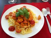 putenstreifen in tomate-basilikum-sosse mit cherrytomaten und bandnudeln - Rezept