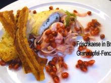 Kraeuter-Mager-Frischkaese in Brick auf Granatapfel-Fenchelsalat und Speck-Croutons - Rezept