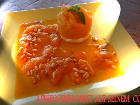 Rezept: Aprikosen-Sorbet mit Minze auf seinem Compot und Pinienkerne Aprikosen-Sorbet mit Minze auf seinem Compot und Pinienkerne - Rezept