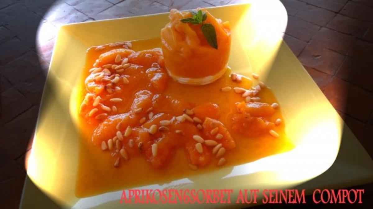 Aprikosen-Sorbet mit Minze auf seinem Compot und Pinienkerne - Rezept ...