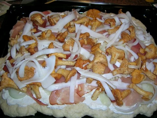 Pizzafladen mit Pfifferlingen, rohem Schinken und Ziegengouda (für Petra!!!) Du darfst ... - Rezept - Bild Nr. 2