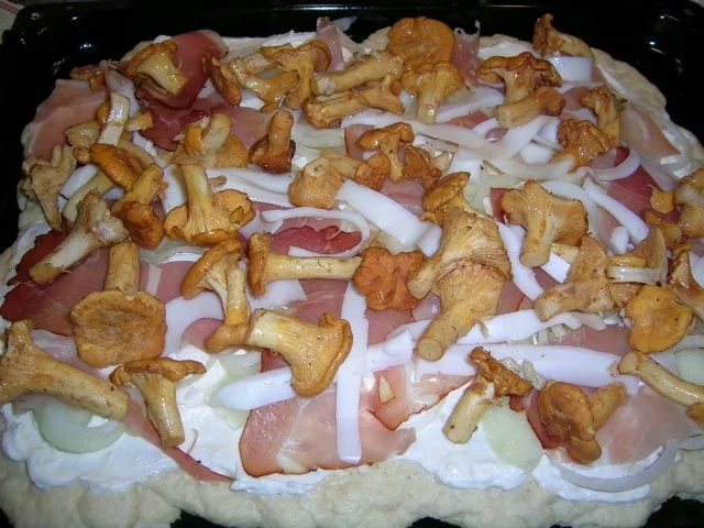 Pizzafladen mit Pfifferlingen, rohem Schinken und Ziegengouda (für Petra!!!) Du darfst ... - Rezept - Bild Nr. 3