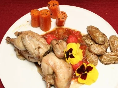 Stubenküken an Toskanischer Tomatensoße mit Rosmarinkartoffelecken - Rezept